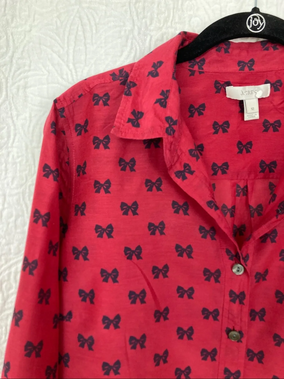 J.Crew Red Bow Print Cotton Silk Popover Blouse sz 12